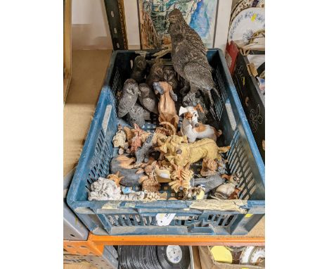Box of dog figures and Border Fine Arts bronze collection, owls and birds of prey 