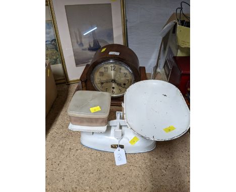 Wooden mantle clock and Harper metal kitchen scales 