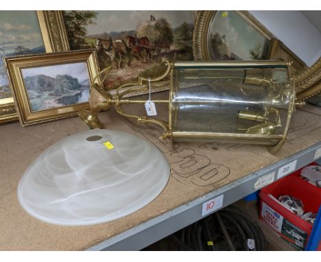 Brass light fitting and glass shade 