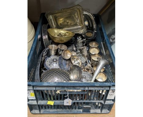 Box of metalware including goblets, weighing scales, trays, teapots