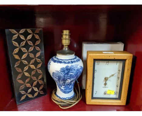 Vintage quartz mantle clock, blue and white table lamp base, contemporary rectangular vase