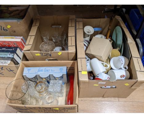 Three boxes of glassware, mugs, candlestick etc 