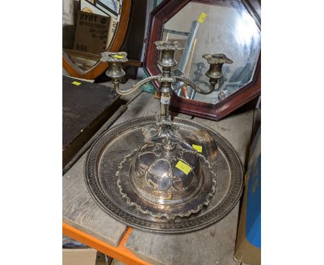 Silver plated tray, candlestick, EPNS dome topped dish and ponies hoof  