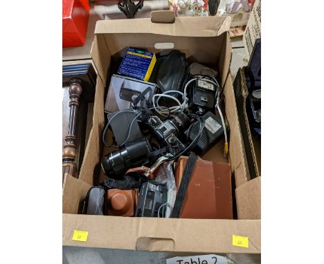 Box of cameras, lenses etc to include Konica Pathescope H etc 