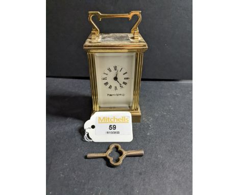 Cased Mappin &amp; Webb carriage clock with key, 10 cm tall 