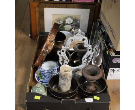 Box of glasses, decanter, ceramic copper item, pictures etc
