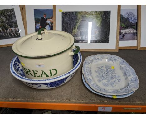 Blue and white howl, ashettes and enamel bread bin