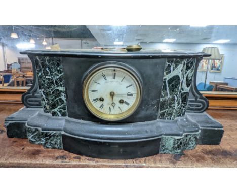 19th century French slate and marble mantle clock by Raingo Freres, with two train movement and pendulum, 21 cm tall, 50 cm w