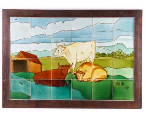 A 20TH CENTURY TWENTY FOUR TILE PANEL DEPICTING COWS IN A LANDSCAPE, FRAMED105cm; 74cm