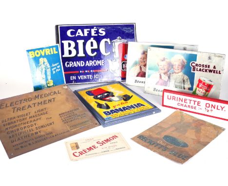 A DOUBLE SIDED ENAMEL SIGN "CAFES BIEC"  (QTY)and further metal signs including Bovril, Crosse & Blackwell, Banania and other
