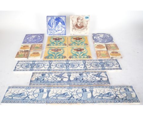 A GROUP OF DECORATIVE VICTORIAN TILES, MOSTLY PICTORIALincluding blue and white tiles, transfer printed brown tile and others