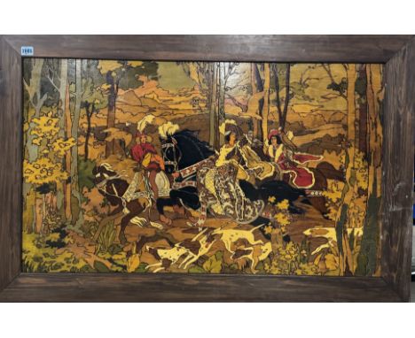 A PAIR OF LARGE MID 20TH CENTURY PYOGRAPHY PANELS DEPICTING HUNTING SCENESprobably French, each 116cm wide; 74cm high