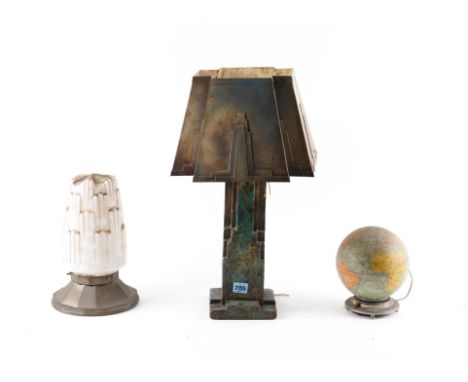 THREE ART DECO LAMPS WITH SHADES INCLUDING A GLOBE (3)an opaque glass and metal light and an unusual terracotta architectural