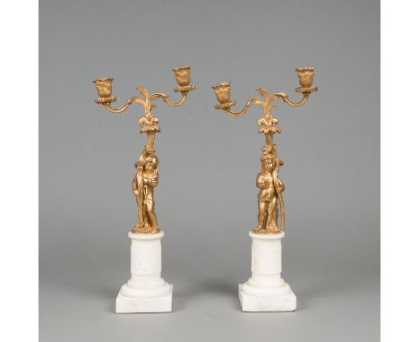 Pair of Candelabras, bronze, marble. 19Th Century. 30 cm high.