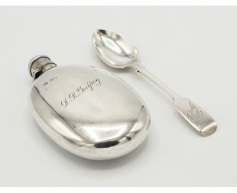 A Victorian silver spirit flask, Atkin Brothers, London 1877, oval form with turn-off lid, engraved 'D. R. Godfrey', 4¾in. (1