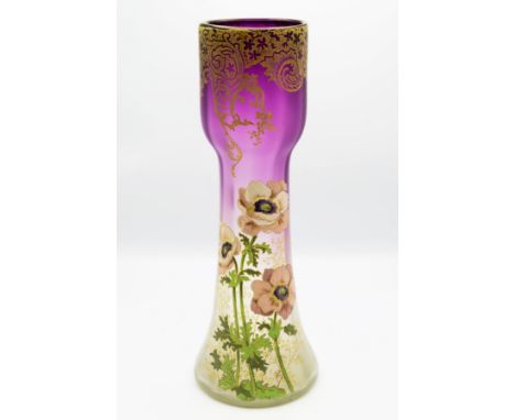 A Mont Joye poppy cameo style glass vase, early 20th century, amethyst graduating to opaque glass, wide upper section decorat
