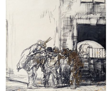 attributed to Edmund Blampied RE (Jersey, 1886-1966), Three men huddled in conversation outside a building black and sepia pe