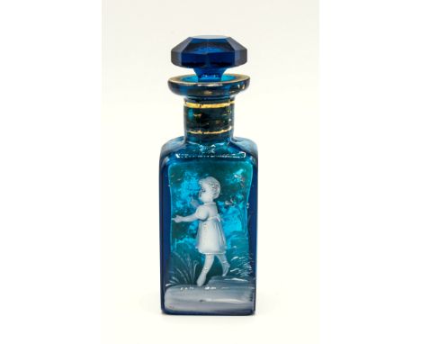 A turquoise blue glass scent bottle, in the style of Mary Gregory, white enamel decoration of a young girl, alongside a pond 