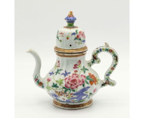 An 18th century Chinese export porcelain teapot and cover, of lobed baluster form, decorated in the Kakiemon palette, with as