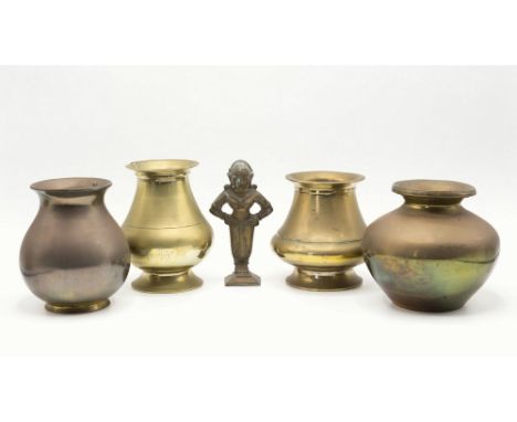 Four antique Indian brass and bronze Lota vessels, varying forms, three with incised lined decoration and one also with engra