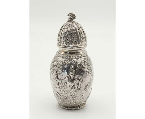 A late 19th century Hanau silver sugar caster, German, London import mark for B. Muller & Son, 1895, ovoid, the extensive rep