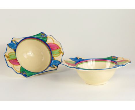 Two Clarice Cliff Fantasque Bizarre Grapefruit bowls, in the Pastel Melon pattern, "Fantasque hand painted Bizarre by Clarice