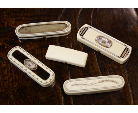 Five 19th century ivory toothpick boxes, one with rose gold wire work and plaited hair under convex dome to lid; one oblong w