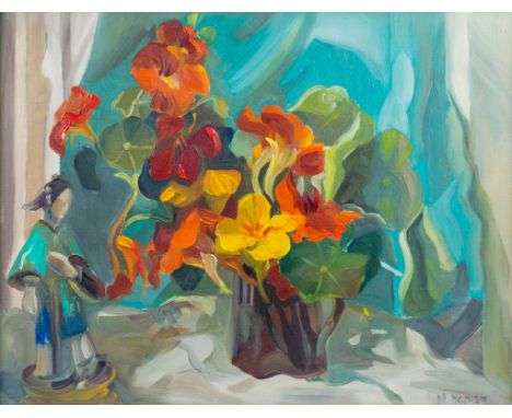 Marion Grace Hocken (British, 1923-1987), Still life of nasturtiums in a jug beside an Oriental figure oil on canvas, signed 