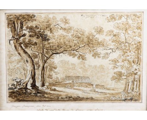 Giuseppe Spampani (Livorno circa 1768 - 1828 Geneva), 'Veduta di una delle Porcaje di Limone prezzo Livorno' sepia pen and in