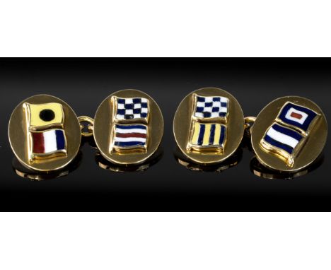 A good pair of 18ct yellow gold and enamel flag cufflinks, by Deakin & Francis, Birmingham 2000, each oval face with two diff