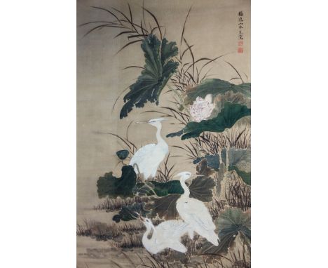 A Japanese watercolour painting on ecru silk depicting three egrets, framed, probably early 20th century, one swallowing a fi