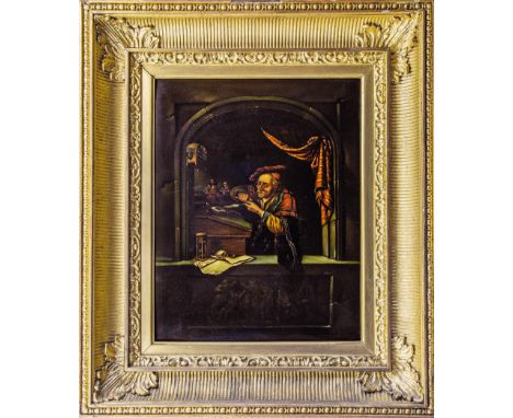 Follower of Gerrit Dou (Dutch, Leiden 1613-1675), The Scribe Master oil on convex copper panel, inscribed indistinctly to old