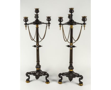 A pair of French bronze four light candelabra, late 19th century, in the Pompeiian taste, the tapering reeded columns support