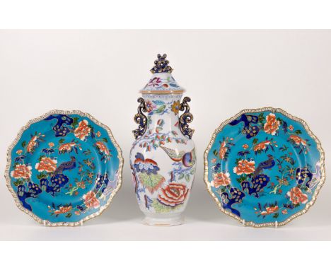 A Mason Ironstone vase and cover, octagonal baluster form, in the Chinese manner, with bright decoration of exotic birds amid