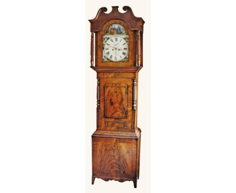 An early 19th century North Country eight day longcase clock, the painted arched Roman dial with subsidiary seconds at noon, 