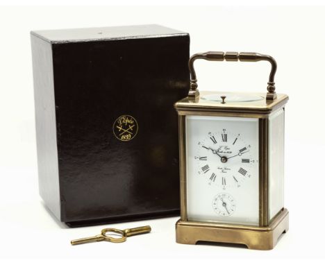 A L'Epée brass carriage clock with repeat, alarm and half hour strike, c.1984, the white enamel Roman dial with Arabic alarm 