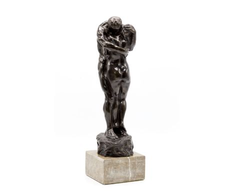 A cold cast bronze after Charles Sykes - Adam and Eve, embracing on a rocky outcrop, sitting on a marble base, sign and inscr