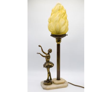 An Art Deco style bronze and marble table lamp, mid-20th century, with gilt bronze figure of a ballerina beside a patinated b