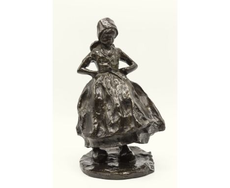 Carl Milles (Swedish, 1875-1955), bronze sculpture of a young Swedish girl in traditional dress, standing in a fedup pose, si