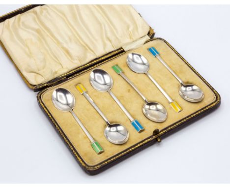 A cased set of six George V silver and enamel coffee spoons, Ernest W. Haywood, Birmingham 1932, each showing either blue, ye