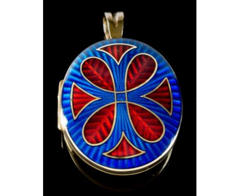 An 18ct yellow gold and enamel pendant locket, by Deakin & Francis, Birmingham 1997, the front with red and blue guilloche en