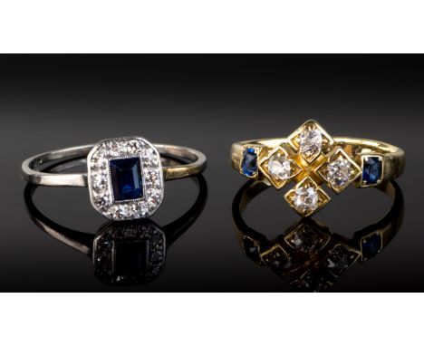 An 18ct yellow gold, sapphire & diamond six stone ring, the four old cushion cut diamonds flanked by a pair of rectangular cu