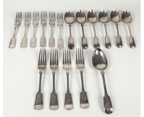 A matched set of six George V silver fiddle thread pattern dessert forks and spoons, William Hutton & Sons, Sheffield 1924, 1