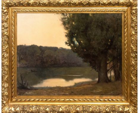 Gabriel Guerin (French, 1869-1916), Rowing boat on a wooded lake at dusk oil on canvas, signed and dated 1907 lower right, in