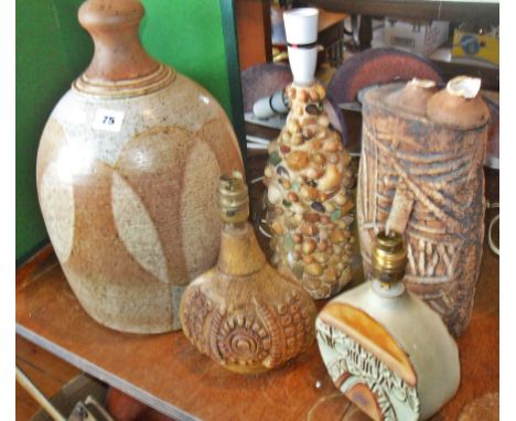 1970s studio pottery lamp bases, a large Rye Pottery, a Bernard Rooke, Louis Hudson, Tremaen (A/F), and a shell-covered base