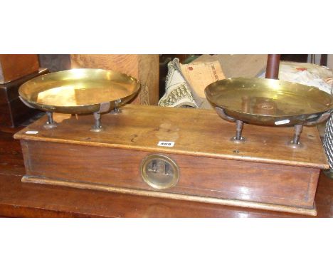 19th c. French shop scales having two brass pans on oak box base