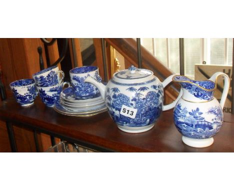 19th c. English chinoiserie blue and white teapot and some Copeland Spode teaware