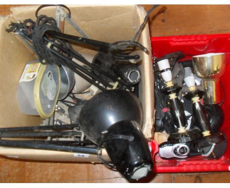 Assorted parts of Herbert Terry Anglepoises, bases, shades, etc, and a box of vintage lighting bits and other electrical