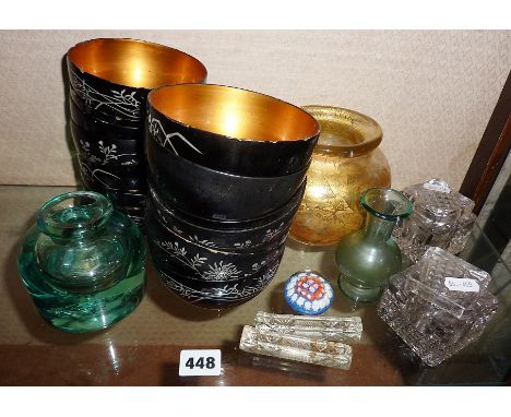 Large glass inkwell, lacquered bowls, millefiori paperweight, other glass inkwells, etc.