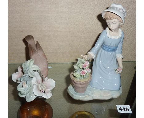 Nao Lladro bird with ladybird and lady with flowers figures